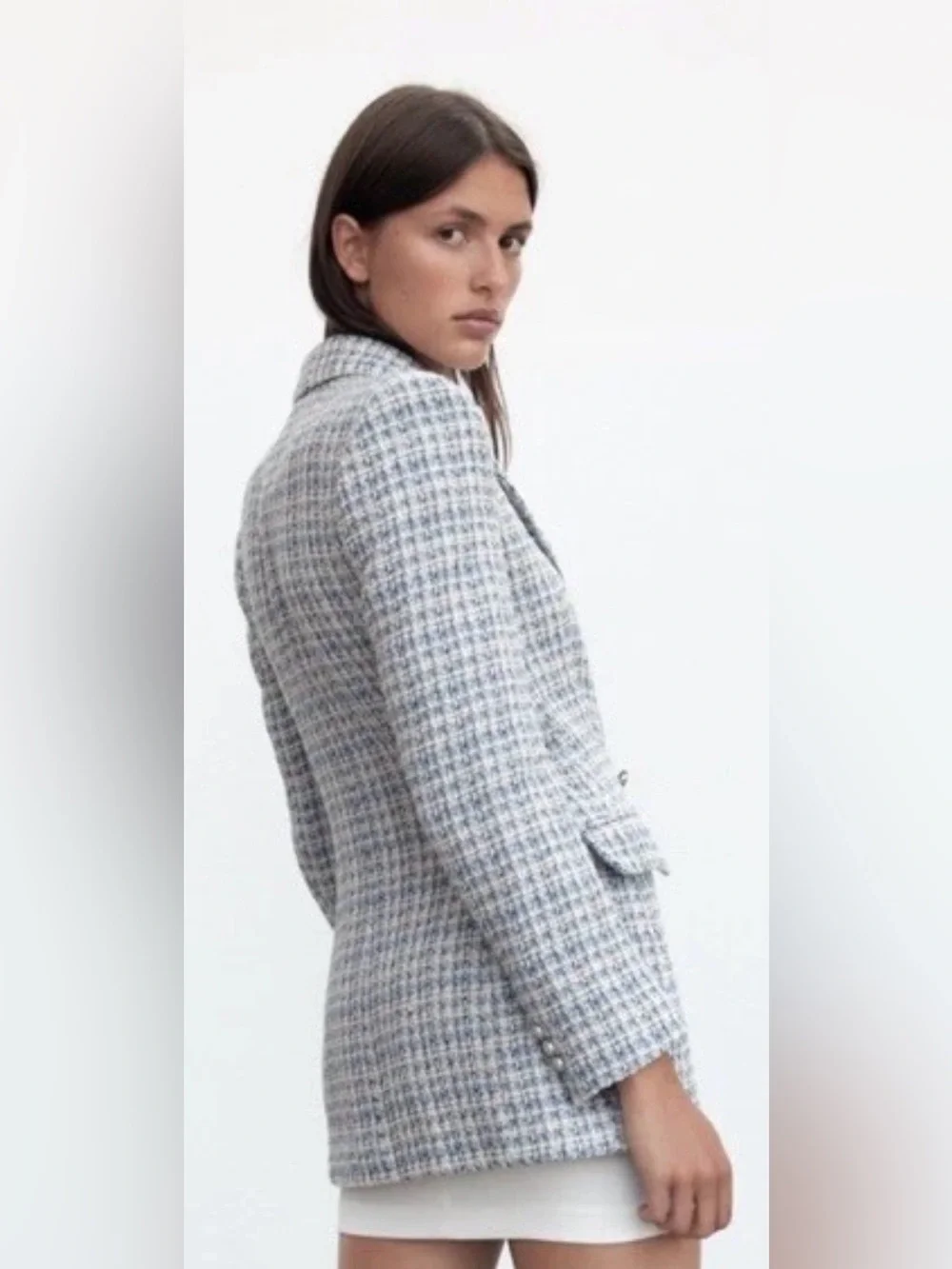 Zara Blue White Tweed Double Breasted Blazer Bouclé Jacket Size S